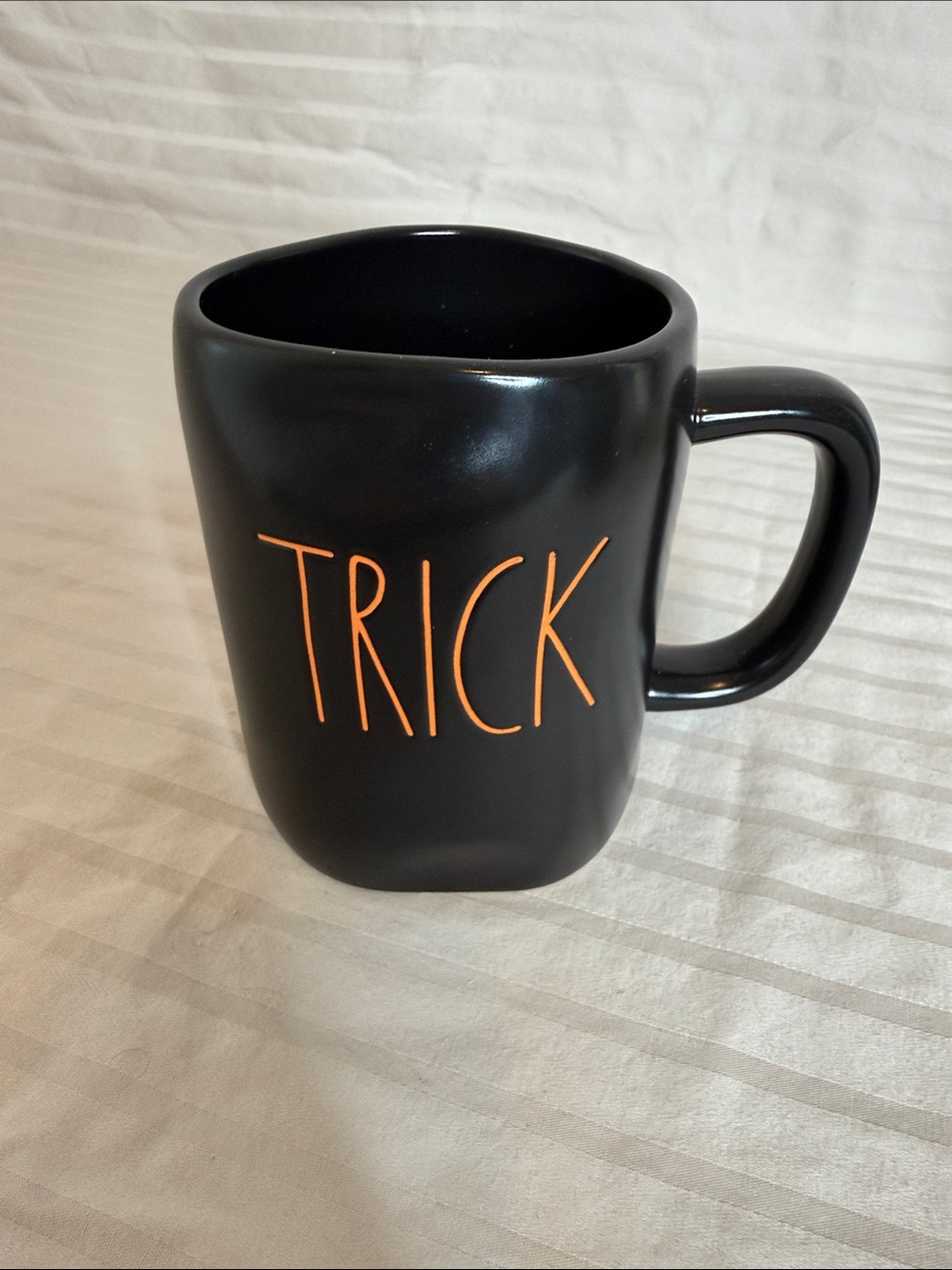 Rae Dunn Black Mug with Orange Lettering double sided Trick Treat